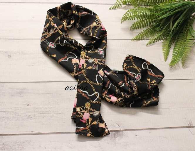 Quirky bejewel satin fabric black pearl scarf