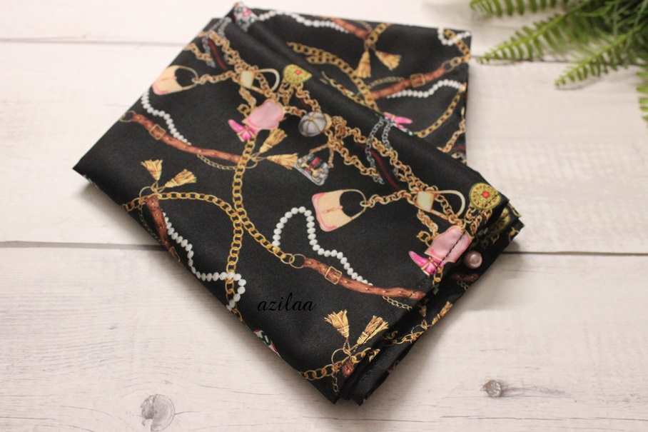 Quirky bejewel satin fabric black pearl scarf