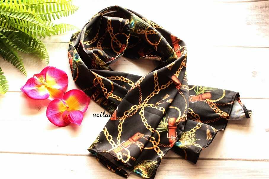 Quirky black chain feather satin scarf