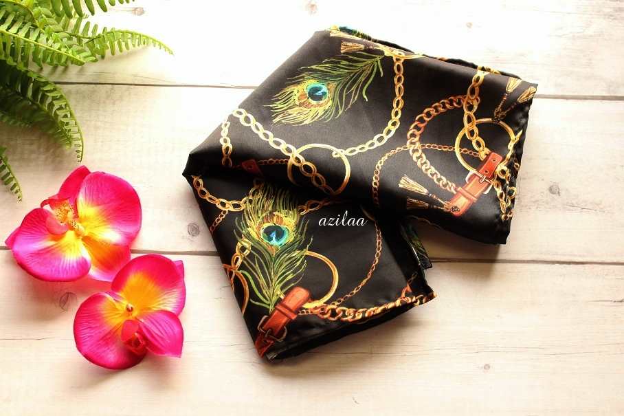 Quirky black chain feather satin scarf