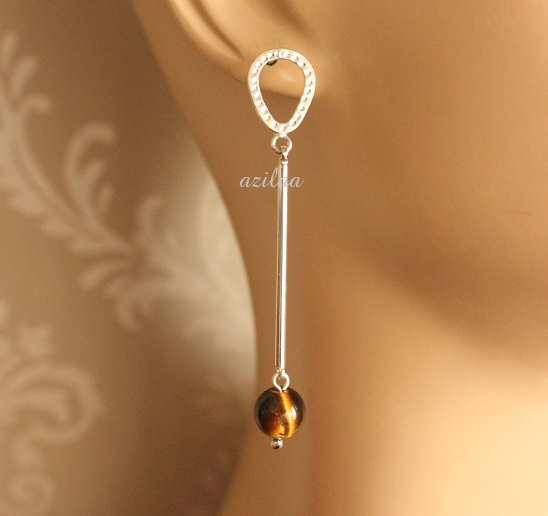 Quirky tiger eye sterling silver geometric designer earrings