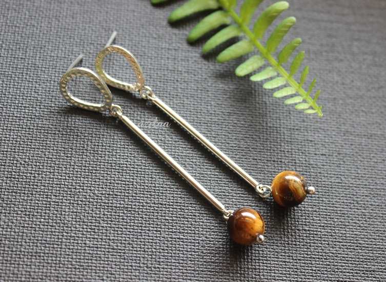 Quirky tiger eye sterling silver geometric designer earrings