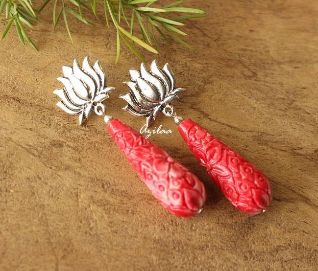 RED coral lotus silver tone post earrings