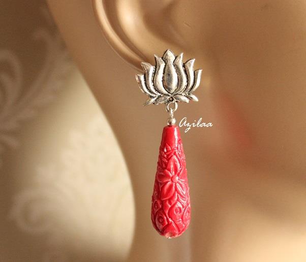 RED coral lotus silver tone post earrings