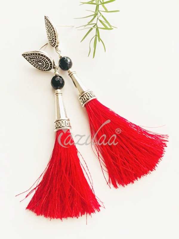 RED silk tassel handmade post earrings