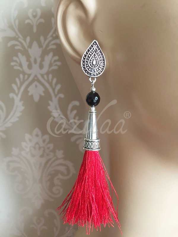 RED silk tassel handmade post earrings