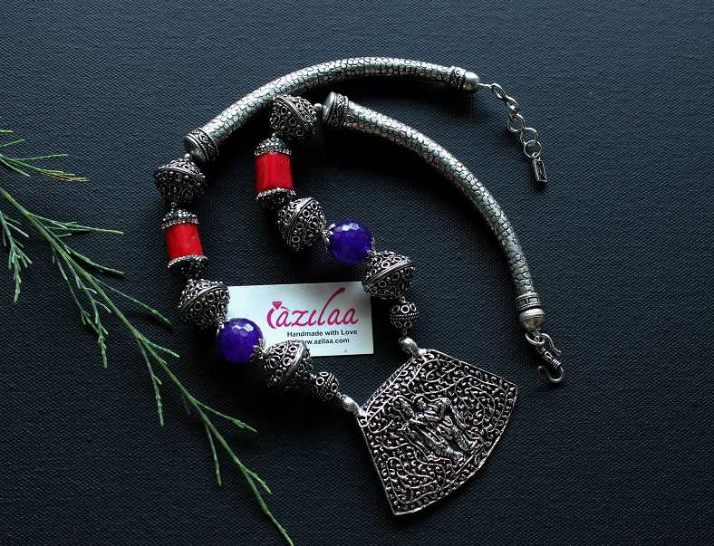 Radha Krishna pendant necklace set, coral bead jewellery set