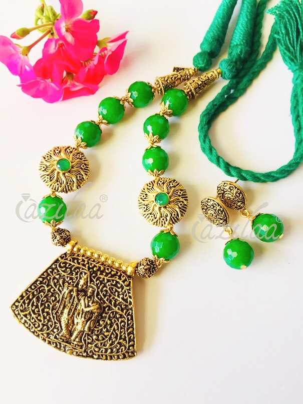 Radha Krishna pendant necklace set, green beads jewellery set