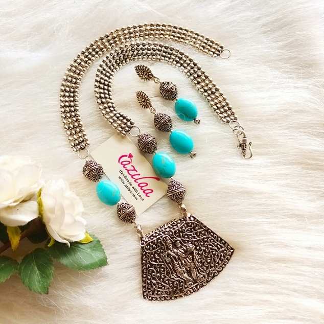 Radha Krishna pendant necklace set, oxidized  blue Jewellery set