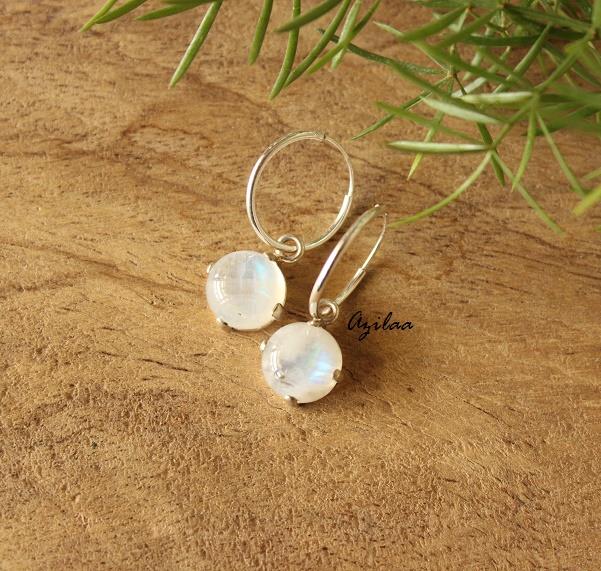 Rainbow Moonstone Sterling silver gemstone hoop earrings