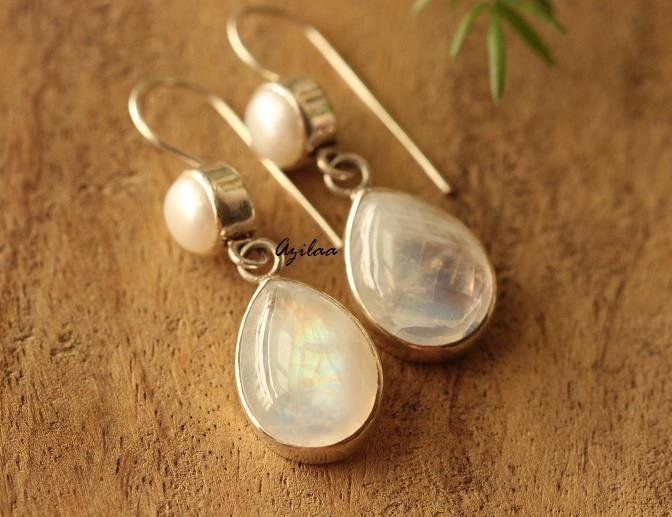 Rainbow Moonstone pearl Sterling silver gemstone earrings