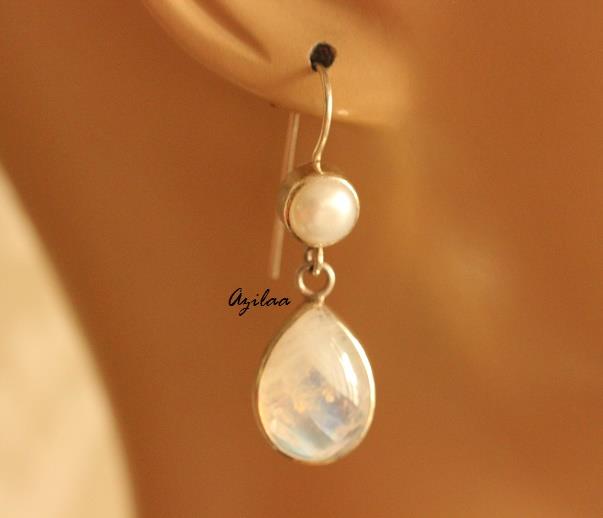 Rainbow Moonstone pearl Sterling silver gemstone earrings