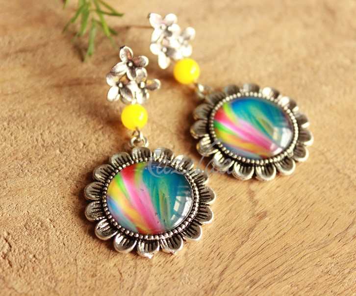 Rainbow gemstone beaded flower earrings