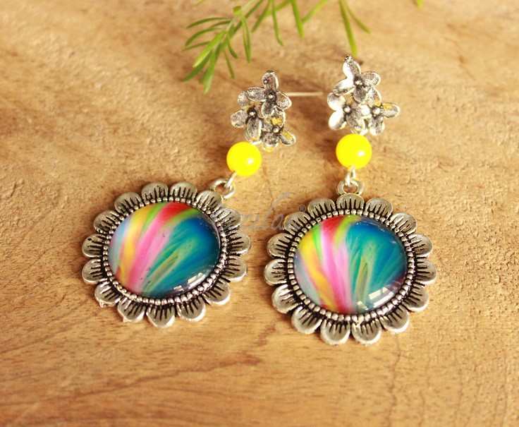 Rainbow gemstone beaded flower earrings