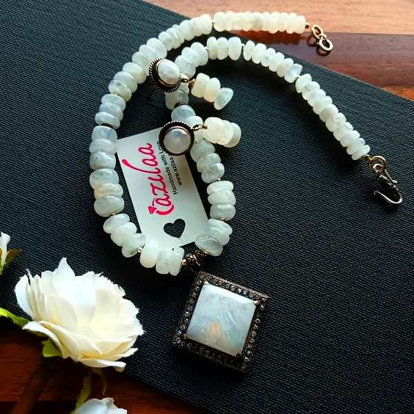 Rainbow moonstone beaded gemstone CZ sterling silver necklace set