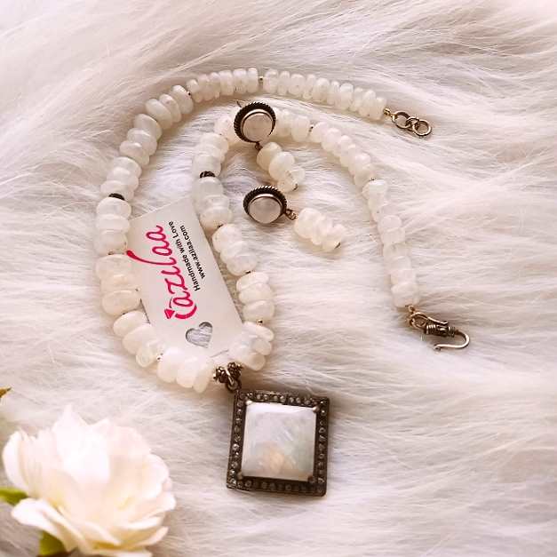 Rainbow moonstone beaded gemstone CZ sterling silver necklace set