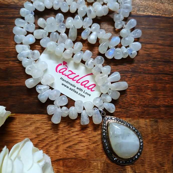 Rainbow moonstone beaded gemstone CZ sterling silver necklace 