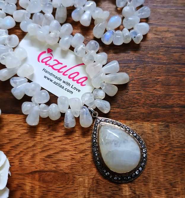 Rainbow moonstone beaded gemstone CZ sterling silver necklace 