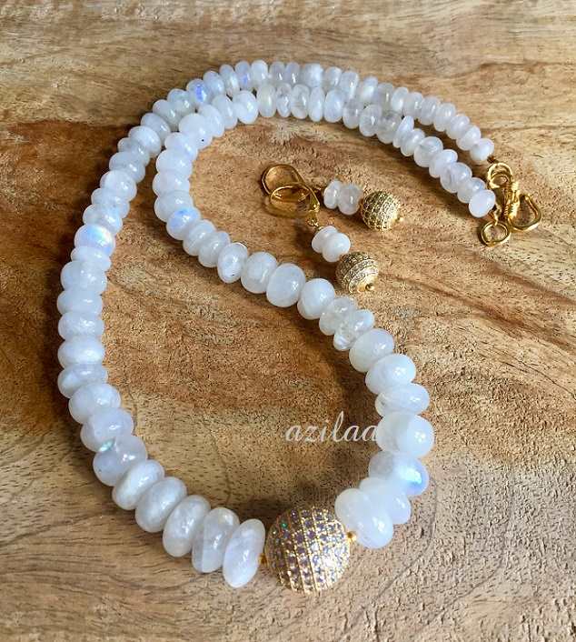 Rainbow moonstone beaded gemstone golden CZ necklace set