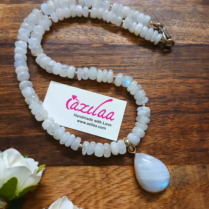 Rainbow moonstone beaded gemstone sterling silver necklace 