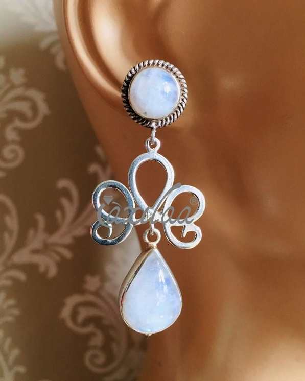 Rainbow moonstone gemstone sterling silver handmade earrings