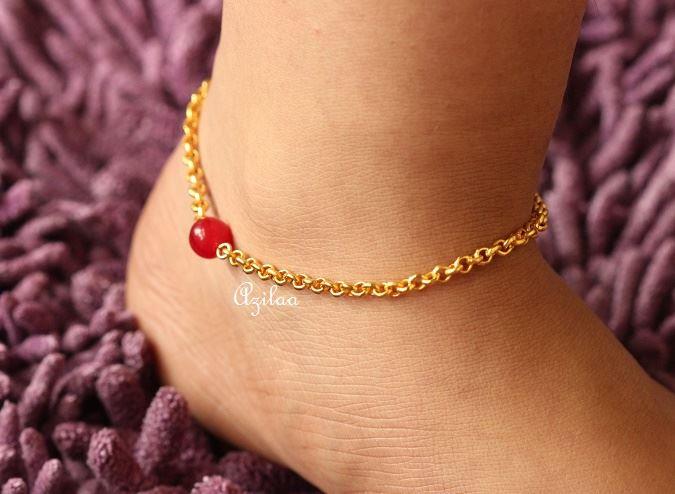 Red Bead gold  plated chain handmade Anklet