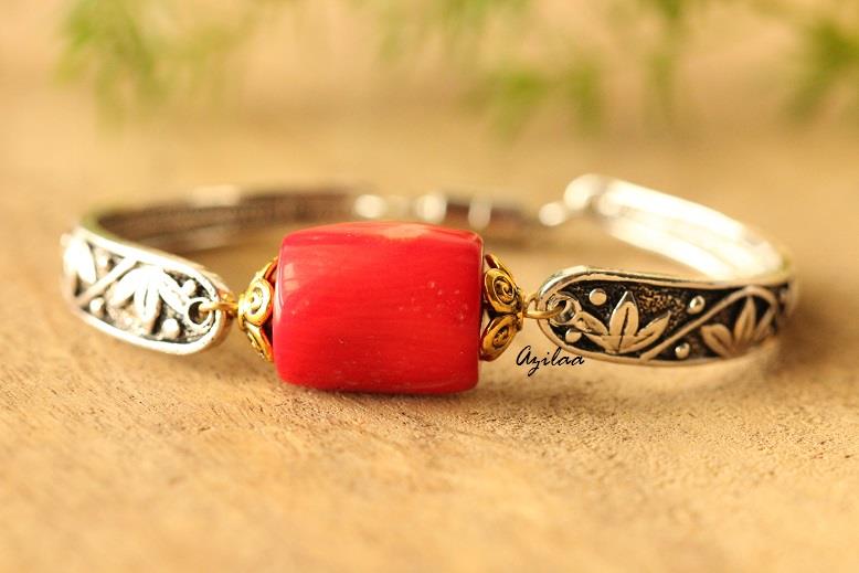 Red Coral Silver tone gemstone beaded handmade bracelet