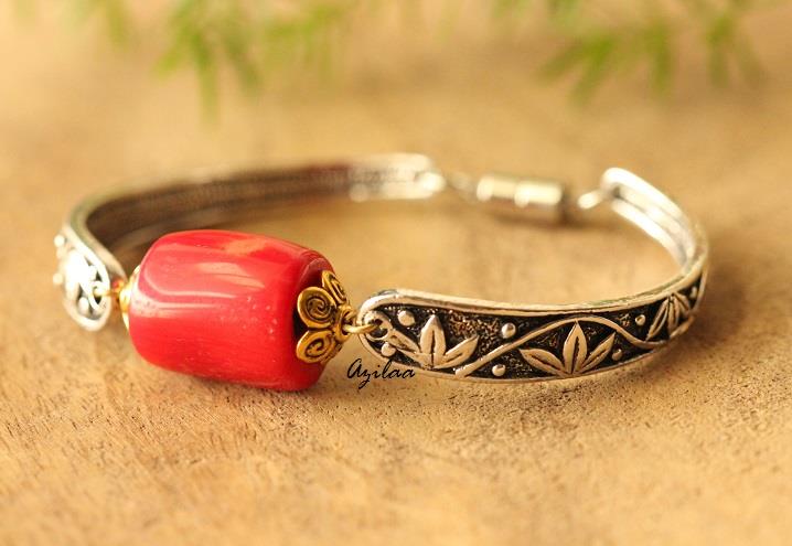 Red Coral Silver tone gemstone beaded handmade bracelet