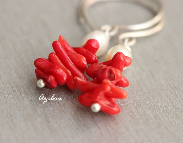 Red Coral pearl handmade sterling silver earrings