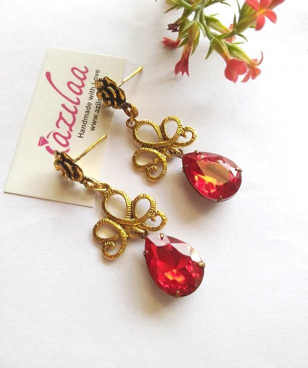 Red Dangler flower crystal glass handmade earrings