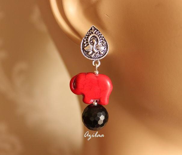 Red Elephant silvertone gemstone earrings