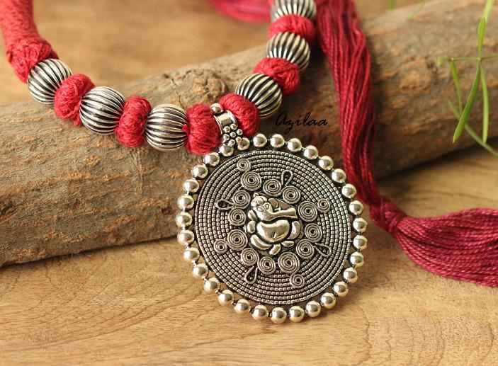 Maroon Ganesha silver plated thread handmade necklace set