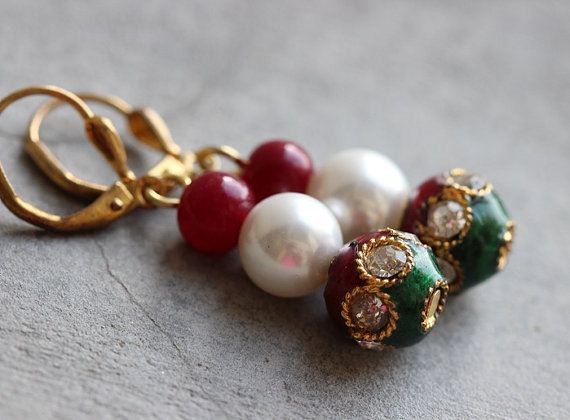 Red Green earrings, Artisan beaded earrings, Enamel earrings