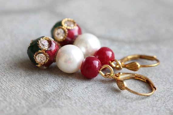 Red Green earrings, Artisan beaded earrings, Enamel earrings