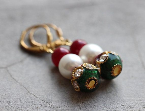 Red Green earrings, Artisan beaded earrings, Enamel earrings