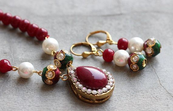 Red Green earrings, Artisan beaded earrings, Enamel earrings