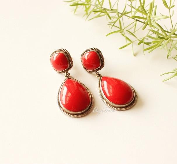 Red coral earrings, Designer sterling silver earrings