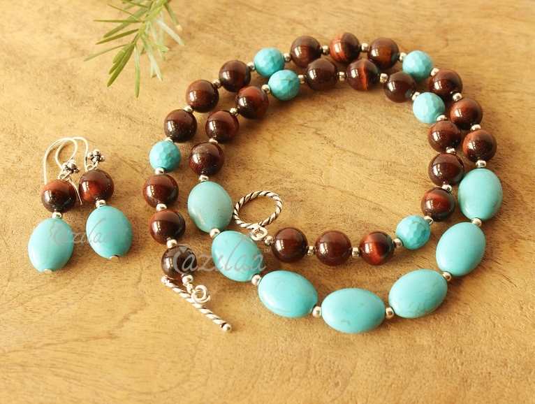 Red Tiger Eye blue gemstone silver beaded necklace earring