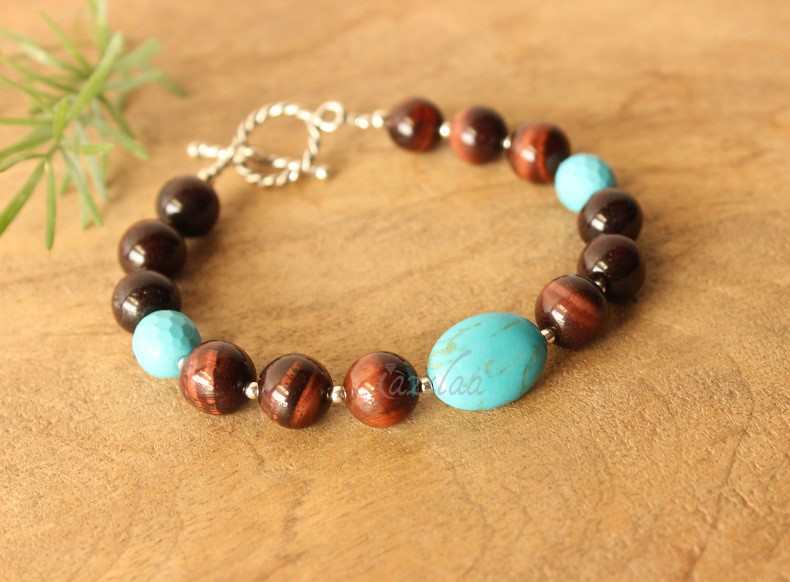 Red Tiger Eye gemstone silver beaded Bracelet