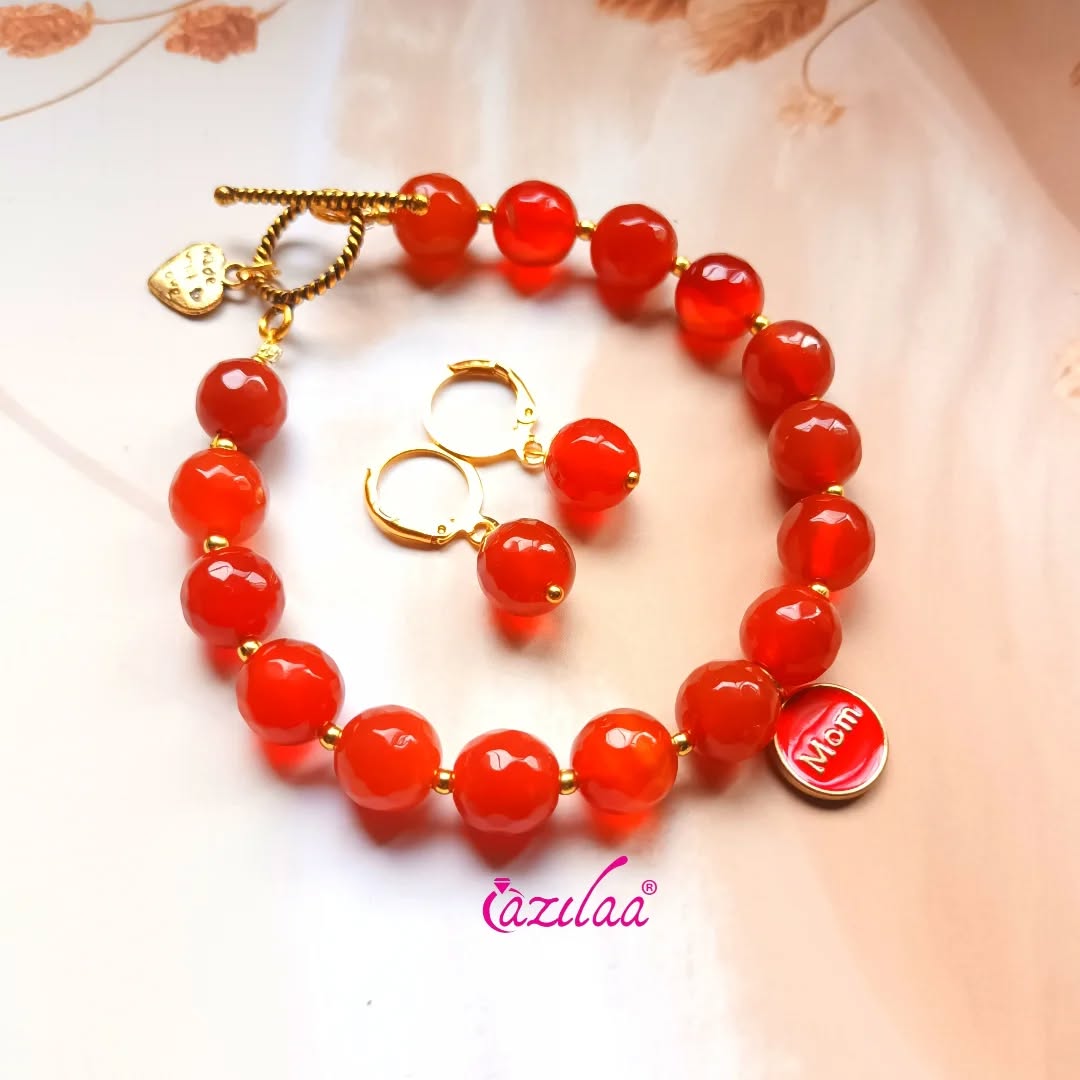 Red  agate Mom charm bracelet earring gemstone beaded set