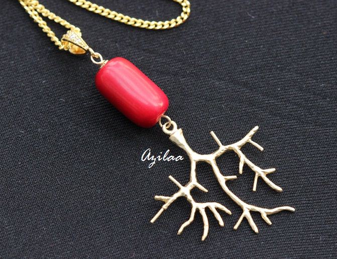 Red branch coral Pendant - Red Coral gold pendant - Red Pendant