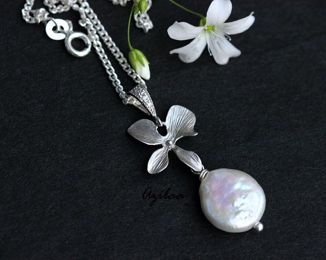 Orchid flower designer pearl pendant necklace