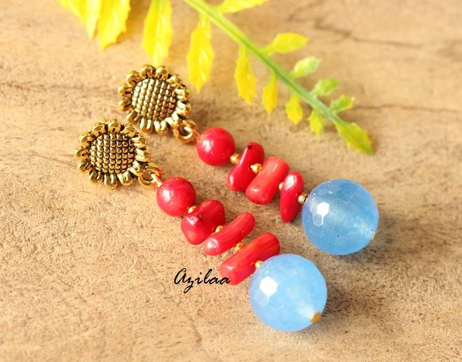 Red coral Antique Gold tone handmade earrings