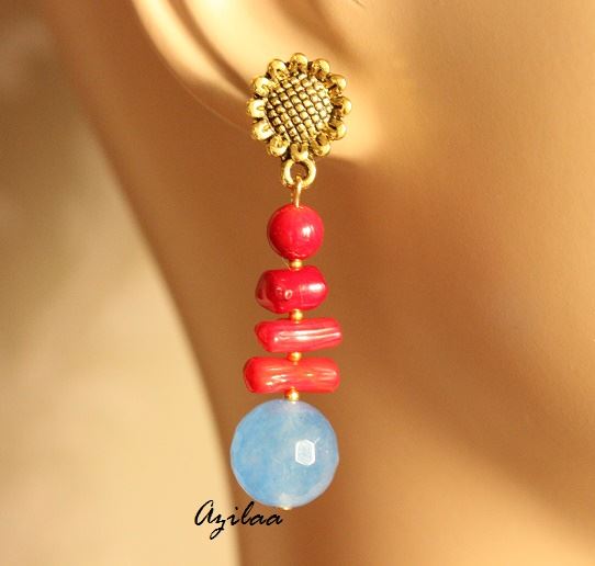 Red coral Antique Gold tone handmade earrings