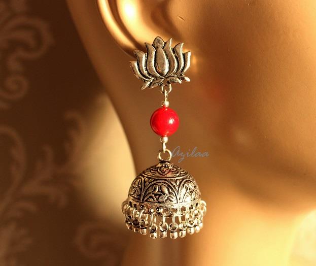 Red coral Indian ethnic earrings, Designer jhumka earrings
