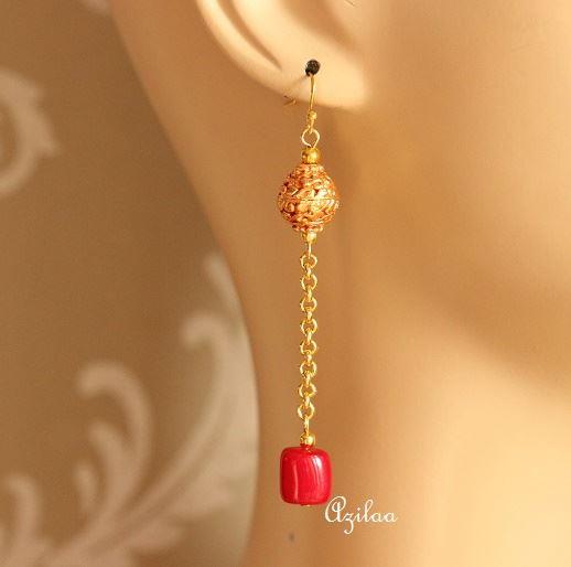 Red coral Tassel gold plated long earrings
