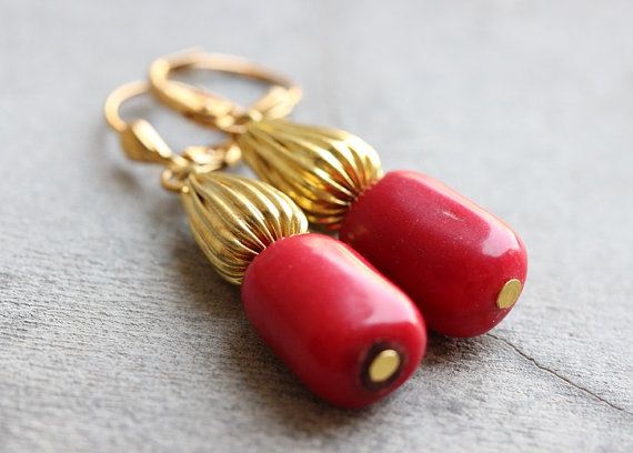 Red earrings, Red coral stone earrings, Coral jewellery in gold