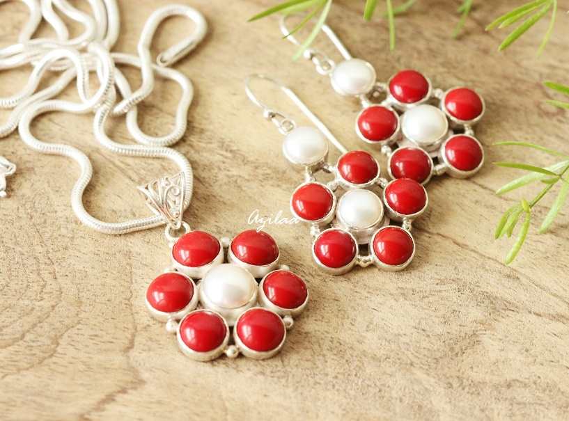 Red coral pearl Sterling silver gemstone Pendant set