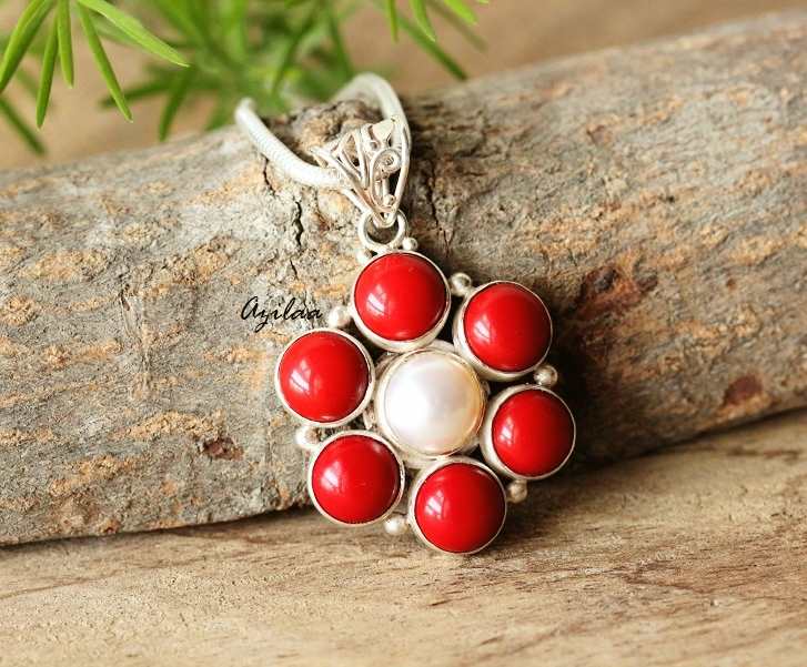 Red coral pearl Sterling silver gemstone Pendant set
