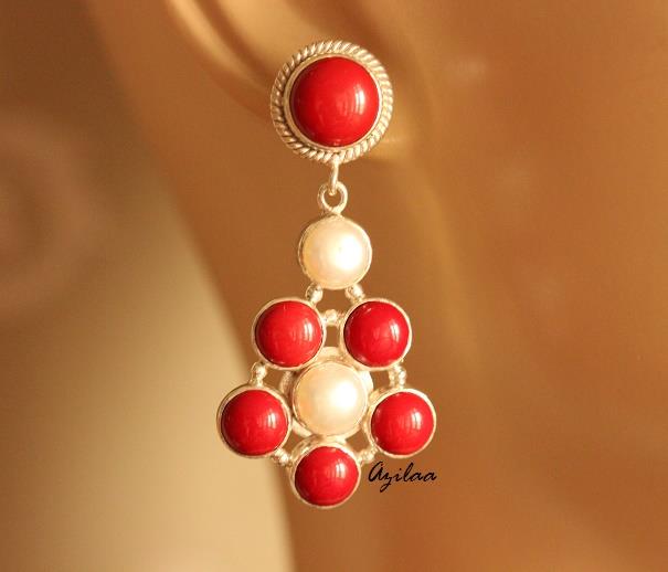 Red coral pearl Sterling silver gemstone earrings